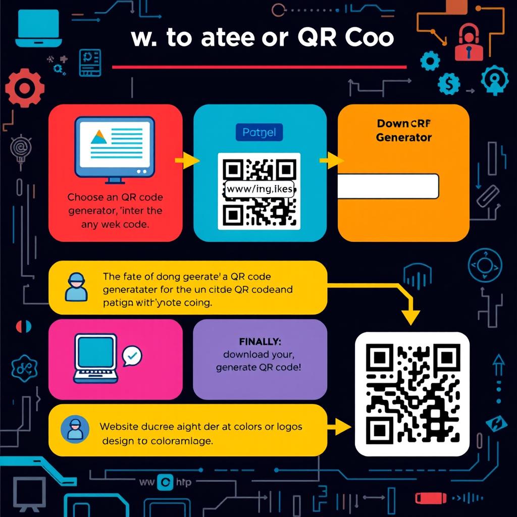 A brightly colored educational infographic that visually explains the steps to create a QR code