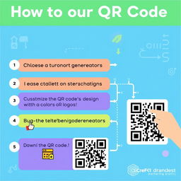 A brightly colored educational infographic that visually explains the steps to create a QR code