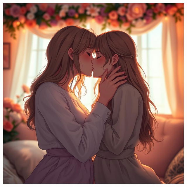 A sensual scene of two girls expressing love and affection for each other, focusing on the intimate moment of one girl tenderly kissing or nuzzling the other, with soft, romantic lighting and a dreamy atmosphere