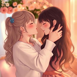 A sensual scene of two girls expressing love and affection for each other, focusing on the intimate moment of one girl tenderly kissing or nuzzling the other, with soft, romantic lighting and a dreamy atmosphere