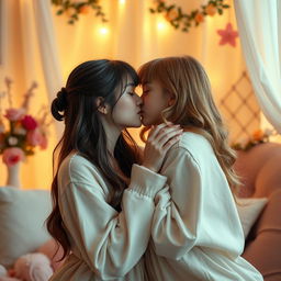 A sensual scene of two girls expressing love and affection for each other, focusing on the intimate moment of one girl tenderly kissing or nuzzling the other, with soft, romantic lighting and a dreamy atmosphere