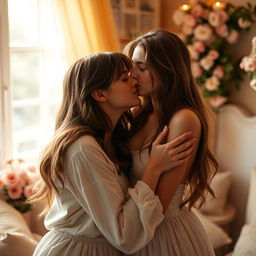 A sensual scene of two girls expressing love and affection for each other, focusing on the intimate moment of one girl tenderly kissing or nuzzling the other, with soft, romantic lighting and a dreamy atmosphere