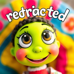 A whimsical doll with oversized big eyes and a vivid green face, designed in a playful animated style