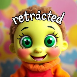 A whimsical doll with oversized big eyes and a vivid green face, designed in a playful animated style