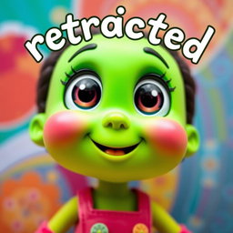 A whimsical doll with oversized big eyes and a vivid green face, designed in a playful animated style