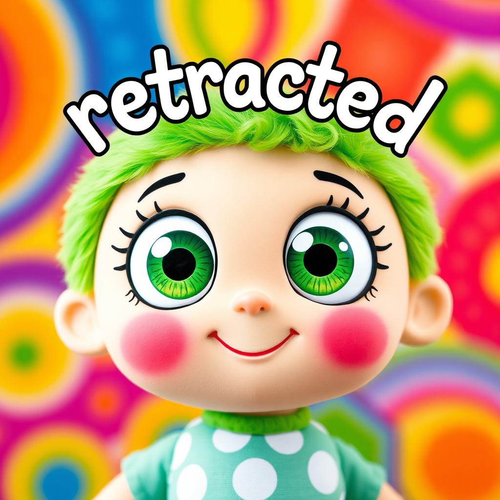 A whimsical doll with oversized big eyes and a vivid green face, designed in a playful animated style