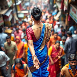 A high angle view of an elegant Indian milf wearing a vibrant blue saree, her hair styled in a neat bun