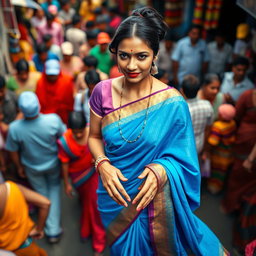 A high angle view of an elegant Indian milf wearing a vibrant blue saree, her hair styled in a neat bun