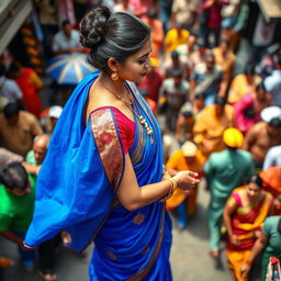 A high angle view of an elegant Indian milf wearing a vibrant blue saree, her hair styled in a neat bun