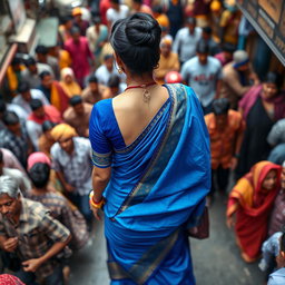A high angle view of an elegant Indian milf wearing a vibrant blue saree, her hair styled in a neat bun