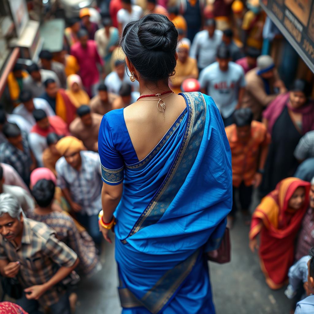 A high angle view of an elegant Indian milf wearing a vibrant blue saree, her hair styled in a neat bun