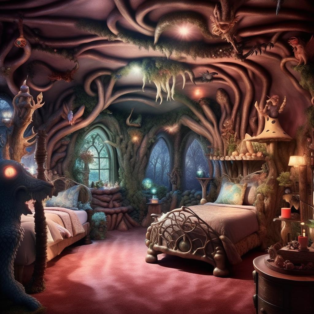 A fantasy-themed bedroom with dimensions of 12 feet by 9 feet, full of whimsical features, mythical creatures, magical elements, and enchanted decor, creating an otherworldly atmosphere.