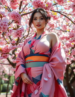 A beautiful Japanese woman with very large breasts, standing gracefully in a vibrant garden filled with cherry blossom trees