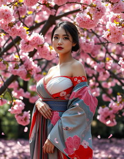 A beautiful Japanese woman with very large breasts, standing gracefully in a vibrant garden filled with cherry blossom trees