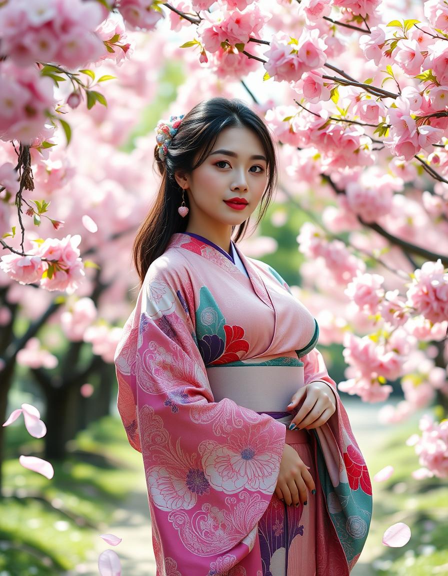 A beautiful Japanese woman with very large breasts, standing gracefully in a vibrant garden filled with cherry blossom trees