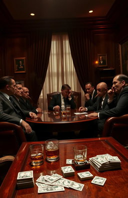 A sleek, dark and atmospheric scene featuring a classic mafia meeting in a dimly lit, luxurious room