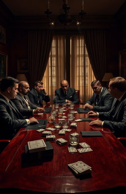 A sleek, dark and atmospheric scene featuring a classic mafia meeting in a dimly lit, luxurious room