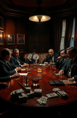 A sleek, dark and atmospheric scene featuring a classic mafia meeting in a dimly lit, luxurious room