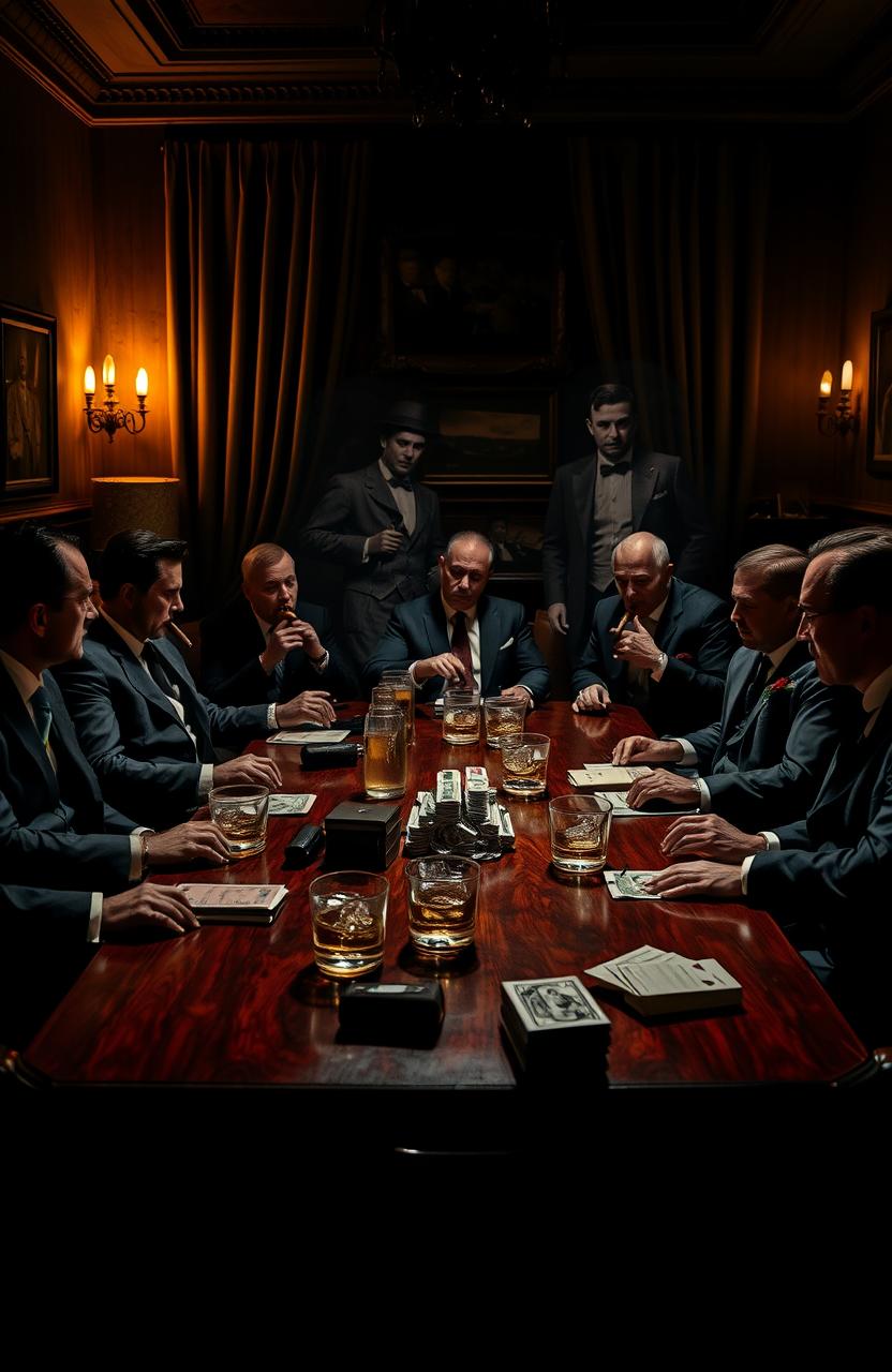A sleek, dark and atmospheric scene featuring a classic mafia meeting in a dimly lit, luxurious room