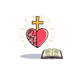 A cartoon-style symbol representing freedom from anxiety, featuring a stylized heart to symbolize emotional relief, a simplified brain outline signifying anxiety, and rays of light emanating from a cross to depict divine assistance