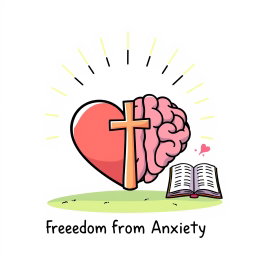 A cartoon-style symbol representing freedom from anxiety, featuring a stylized heart to symbolize emotional relief, a simplified brain outline signifying anxiety, and rays of light emanating from a cross to depict divine assistance