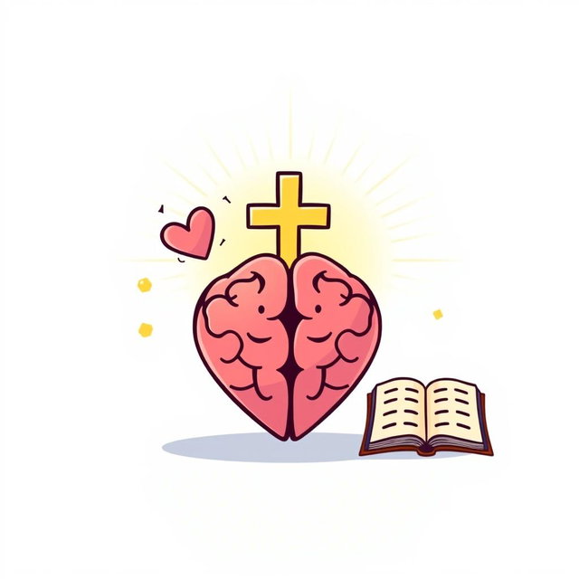 A cartoon-style symbol representing freedom from anxiety, featuring a stylized heart to symbolize emotional relief, a simplified brain outline signifying anxiety, and rays of light emanating from a cross to depict divine assistance