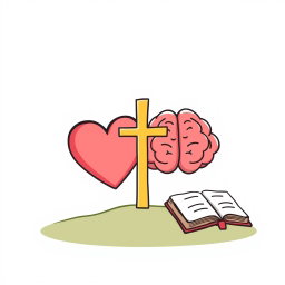 A cartoon-style symbol representing freedom from anxiety, featuring a stylized heart to symbolize emotional relief, a simplified brain outline signifying anxiety, and rays of light emanating from a cross to depict divine assistance