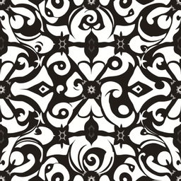 An infinite black and white pattern featuring intricate geometric shapes, swirling lines, and repetitive tessellations