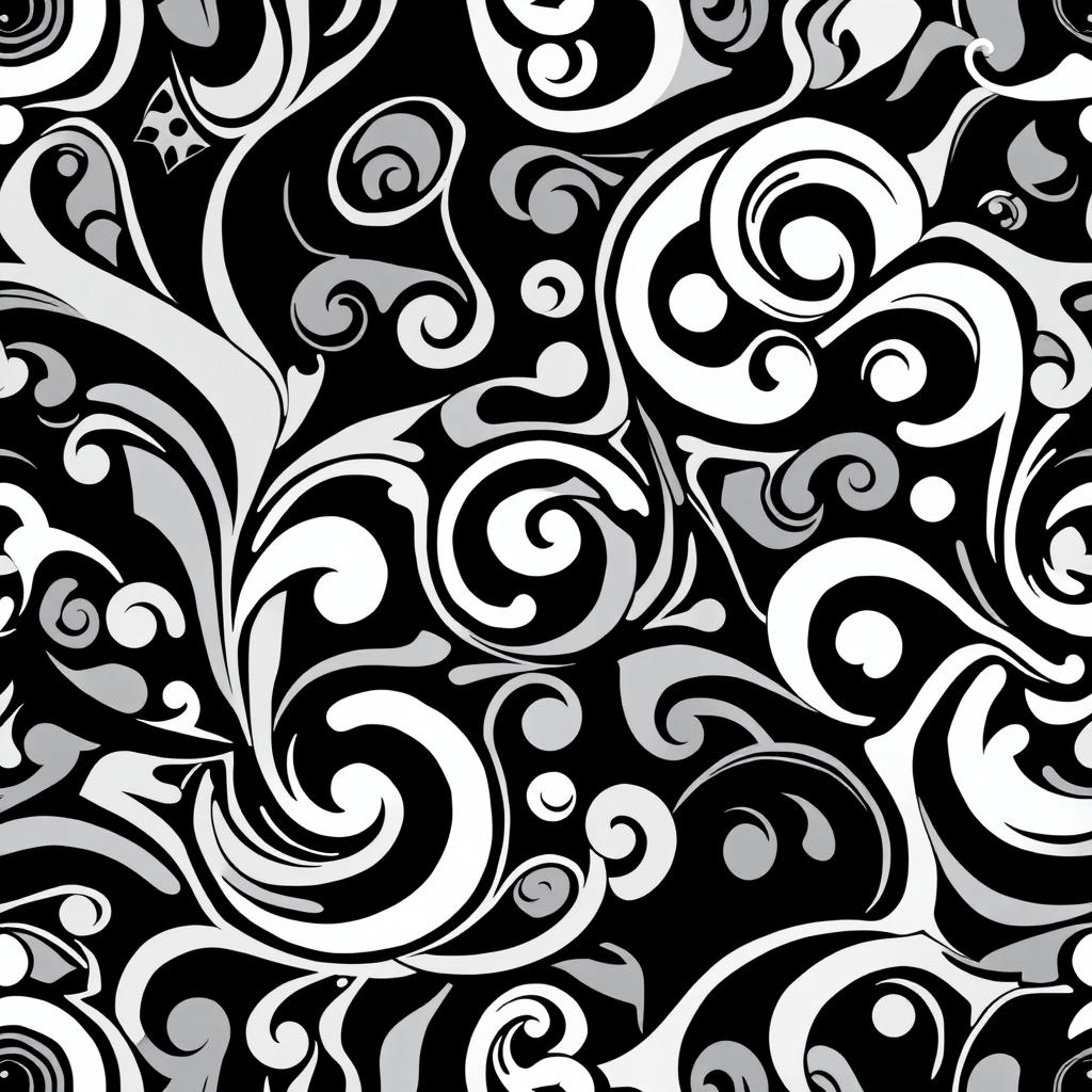 An infinite black and white pattern featuring intricate geometric shapes, swirling lines, and repetitive tessellations