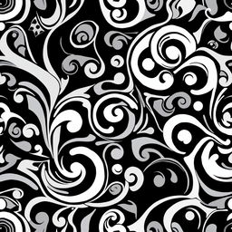 An infinite black and white pattern featuring intricate geometric shapes, swirling lines, and repetitive tessellations