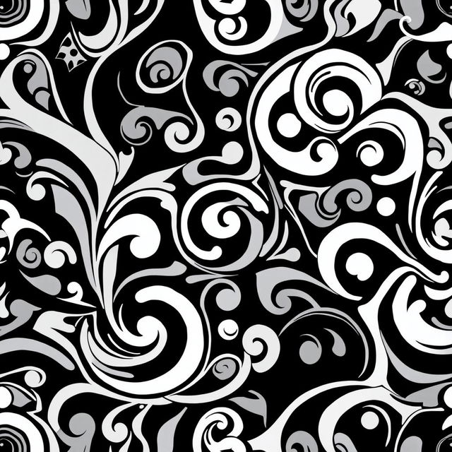 An infinite black and white pattern featuring intricate geometric shapes, swirling lines, and repetitive tessellations