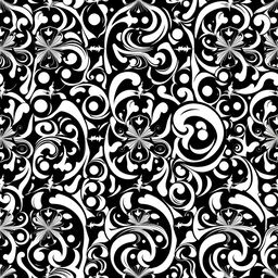 An infinite black and white pattern featuring intricate geometric shapes, swirling lines, and repetitive tessellations