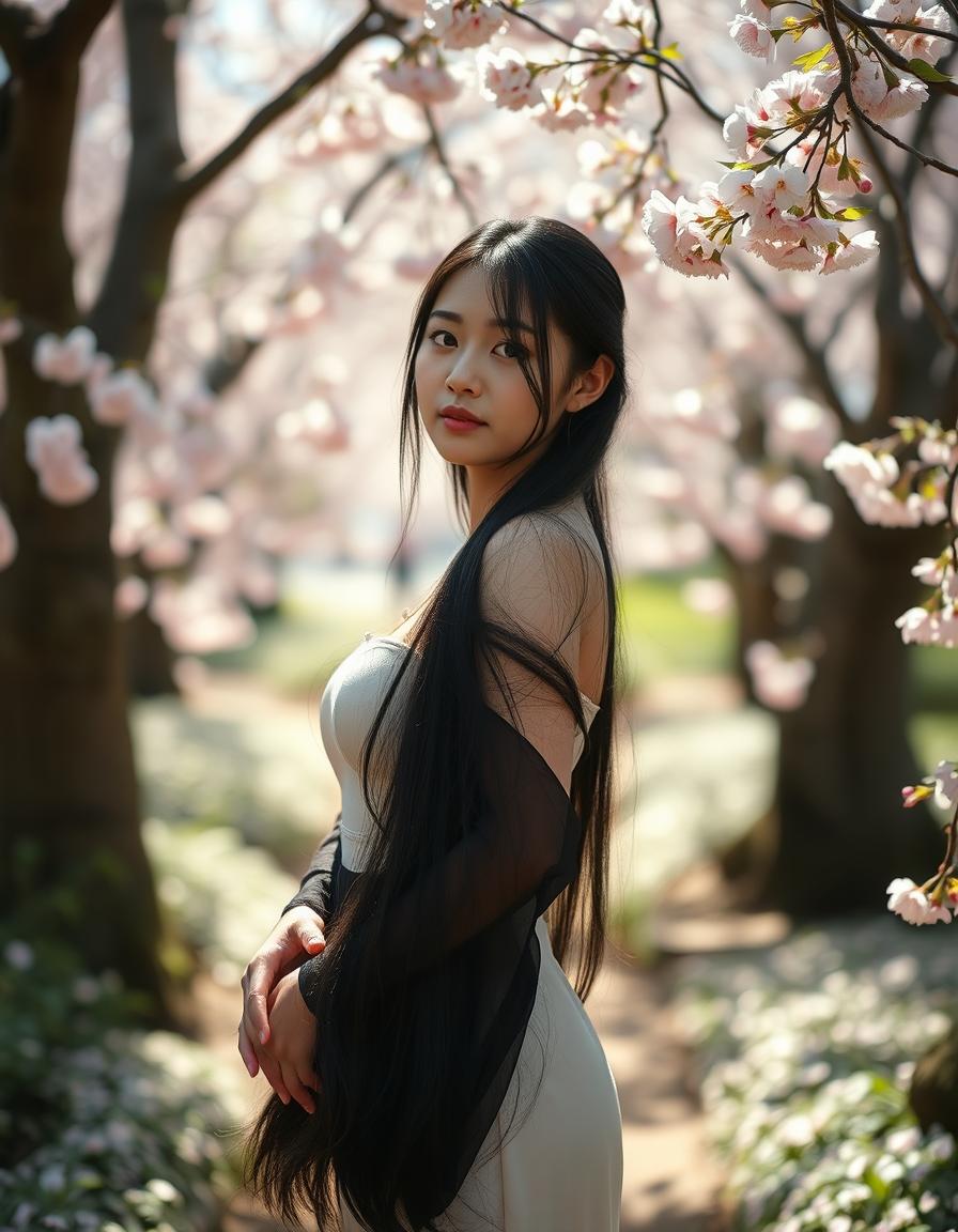 A beautiful Japanese woman with very big, round breasts standing gracefully in a serene garden filled with cherry blossom trees