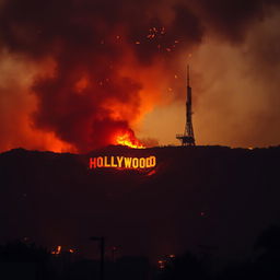 A dramatic scene depicting Hollywood on fire, with iconic landmarks silhouetted against the orange and red flames