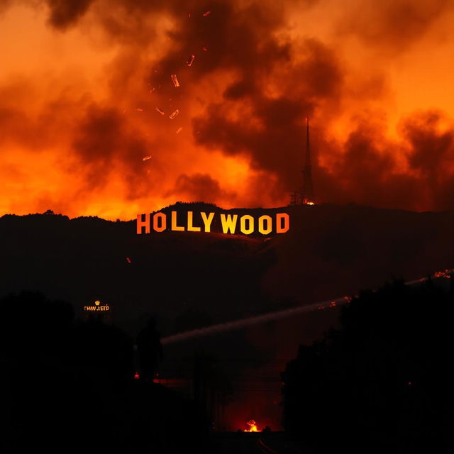 A dramatic scene depicting Hollywood on fire, with iconic landmarks silhouetted against the orange and red flames