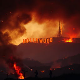 A dramatic scene depicting Hollywood on fire, with iconic landmarks silhouetted against the orange and red flames