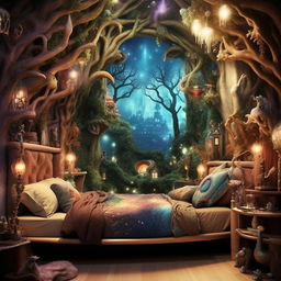 A fantasy-themed bedroom with dimensions of 12 feet by 9 feet, full of whimsical features, mythical creatures, magical elements, and enchanted decor, creating an otherworldly atmosphere.