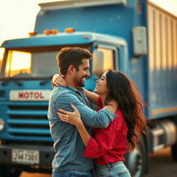 A passionate couple embracing joyfully in an intimate moment, with vibrant expressions of love and connection