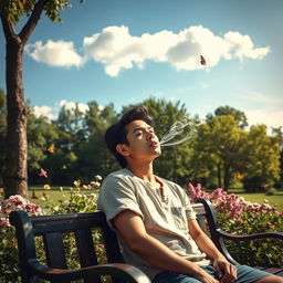 A serene outdoor scene featuring a person enjoying a moment of tranquility while smoking a cigarette