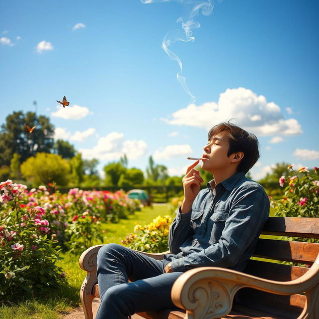 A serene outdoor scene featuring a person enjoying a moment of tranquility while smoking a cigarette