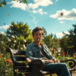 A serene outdoor scene featuring a person enjoying a moment of tranquility while smoking a cigarette