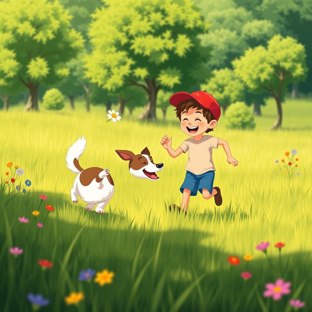 A stylized depiction of a dog and its young owner playing together in a sunny meadow