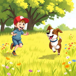 A stylized depiction of a dog and its young owner playing together in a sunny meadow