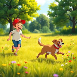 A stylized depiction of a dog and its young owner playing together in a sunny meadow