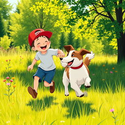 A stylized depiction of a dog and its young owner playing together in a sunny meadow