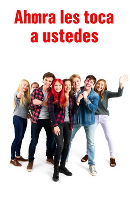 A white background featuring seven teenagers: one blonde girl, one ginger boy, one red-haired girl, two blonde boys, one brown-haired boy, and one brown-haired girl