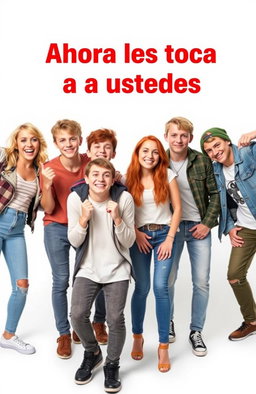 A white background featuring seven teenagers: one blonde girl, one ginger boy, one red-haired girl, two blonde boys, one brown-haired boy, and one brown-haired girl
