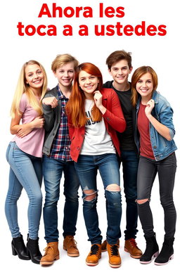 A white background featuring seven teenagers: one blonde girl, one ginger boy, one red-haired girl, two blonde boys, one brown-haired boy, and one brown-haired girl