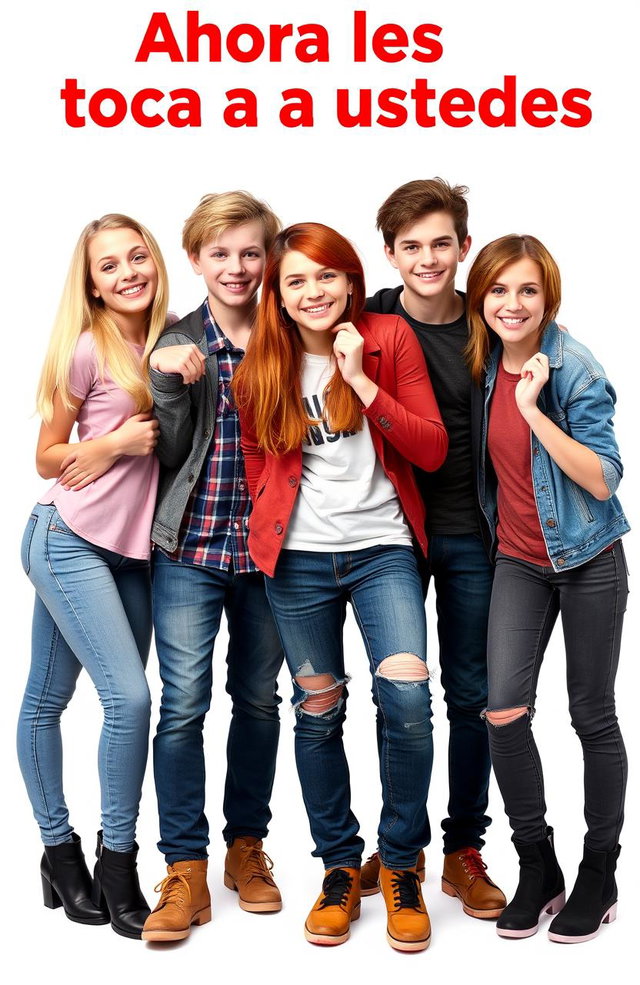 A white background featuring seven teenagers: one blonde girl, one ginger boy, one red-haired girl, two blonde boys, one brown-haired boy, and one brown-haired girl