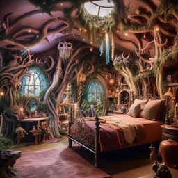 A fantasy-themed bedroom with dimensions of 12 feet by 9 feet, full of whimsical features, mythical creatures, magical elements, and enchanted decor, creating an otherworldly atmosphere.